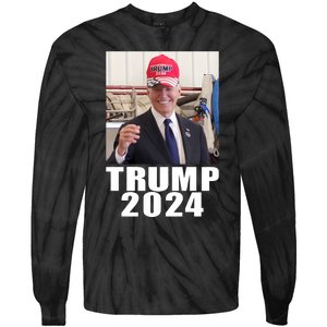 Joe Biden Wearing Trump 2024 Hat Tie-Dye Long Sleeve Shirt