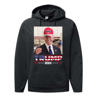 Joe Biden Wearing A Trump Hat Performance Fleece Hoodie