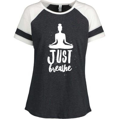 Just Breathe Yoga Namaste Spiritual Zen Meditation Meaningful Gift Enza Ladies Jersey Colorblock Tee