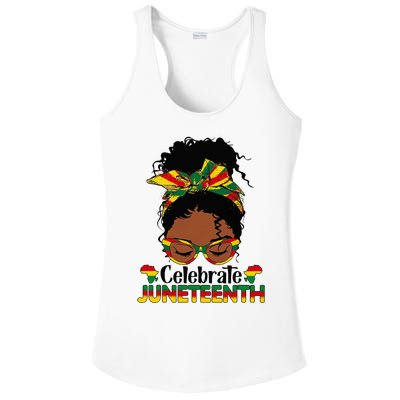 Juneteenth Celebrate 1865 Messy Bun Glasses Black Women Ladies PosiCharge Competitor Racerback Tank