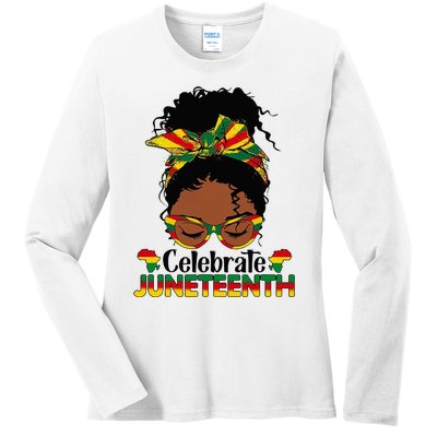 Juneteenth Celebrate 1865 Messy Bun Glasses Black Women Ladies Long Sleeve Shirt