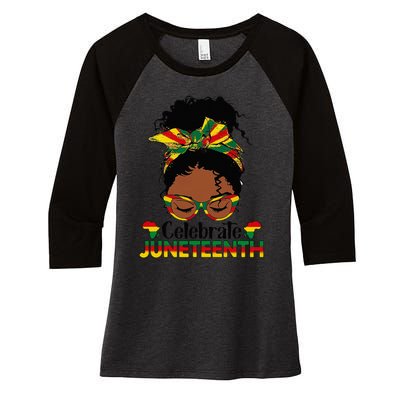 Juneteenth Celebrate 1865 Messy Bun Glasses Black Women Women's Tri-Blend 3/4-Sleeve Raglan Shirt