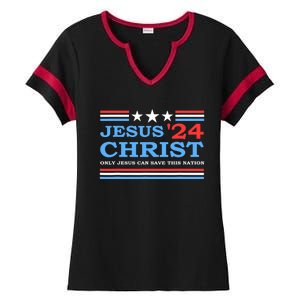 Jesus Christ 2024 President Usa Election Political Parody Ladies Halftime Notch Neck Tee