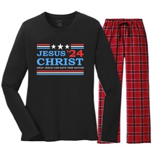 Jesus Christ 2024 President Usa Election Political Parody Women's Long Sleeve Flannel Pajama Set 