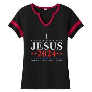 Jesus Christ 2024 Make America Pray Believe Again Christian Ladies Halftime Notch Neck Tee