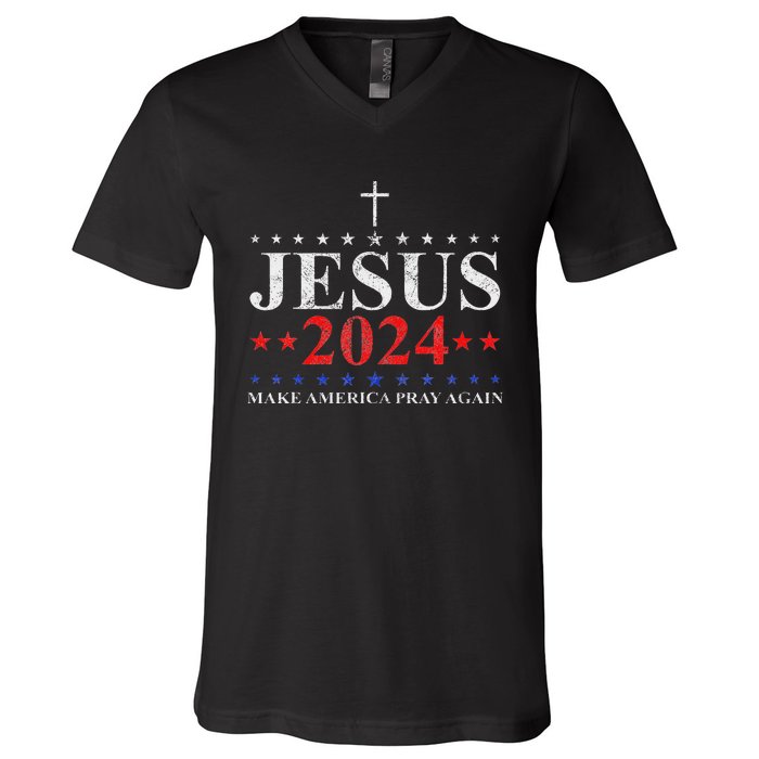 Jesus Christ 2024 Make America Pray Believe Again Christian V-Neck T-Shirt