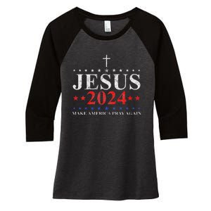 Jesus Christ 2024 Make America Pray Believe Again Christian Women's Tri-Blend 3/4-Sleeve Raglan Shirt