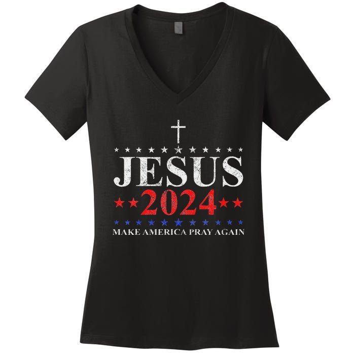 Jesus Christ 2024 Make America Pray Believe Again Christian Women's V-Neck T-Shirt