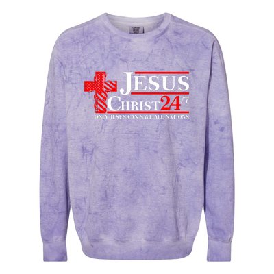 Jesus Christ 2024 24/7 Only Jesus Can Save All Nations Christian Catholic Cross Colorblast Crewneck Sweatshirt