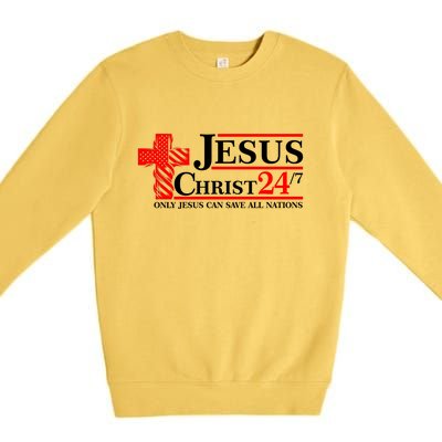 Jesus Christ 2024 24/7 Only Jesus Can Save All Nations Christian Catholic Cross Premium Crewneck Sweatshirt