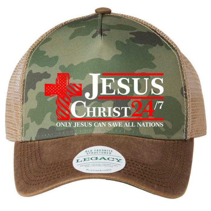Jesus Christ 2024 24/7 Only Jesus Can Save All Nations Christian Catholic Cross Legacy Tie Dye Trucker Hat