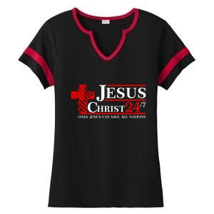 Jesus Christ 2024 24/7 Only Jesus Can Save All Nations Christian Catholic Cross Ladies Halftime Notch Neck Tee