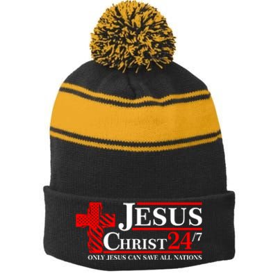 Jesus Christ 2024 24/7 Only Jesus Can Save All Nations Christian Catholic Cross Stripe Pom Pom Beanie