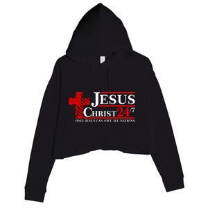 Jesus Christ 2024 24/7 Only Jesus Can Save All Nations Christian Catholic Cross Crop Fleece Hoodie