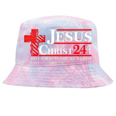 Jesus Christ 2024 24/7 Only Jesus Can Save All Nations Christian Catholic Cross Tie-Dyed Bucket Hat