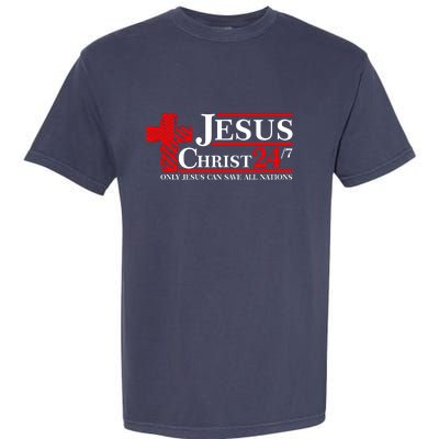 Jesus Christ 2024 24/7 Only Jesus Can Save All Nations Christian Catholic Cross Garment-Dyed Heavyweight T-Shirt