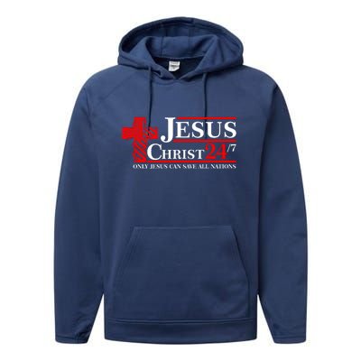 Jesus Christ 2024 24/7 Only Jesus Can Save All Nations Christian Catholic Cross Performance Fleece Hoodie