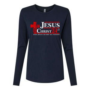 Jesus Christ 2024 24/7 Only Jesus Can Save All Nations Christian Catholic Cross Womens Cotton Relaxed Long Sleeve T-Shirt