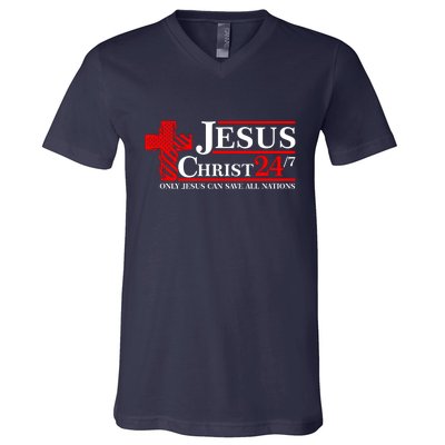 Jesus Christ 2024 24/7 Only Jesus Can Save All Nations Christian Catholic Cross V-Neck T-Shirt