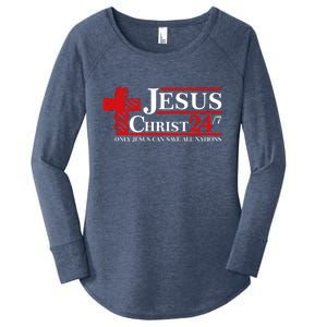 Jesus Christ 2024 24/7 Only Jesus Can Save All Nations Christian Catholic Cross Women's Perfect Tri Tunic Long Sleeve Shirt