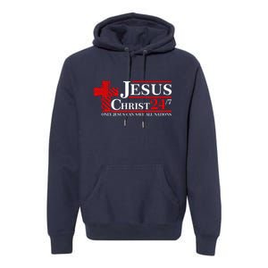 Jesus Christ 2024 24/7 Only Jesus Can Save All Nations Christian Catholic Cross Premium Hoodie