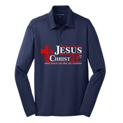 Jesus Christ 2024 24/7 Only Jesus Can Save All Nations Christian Catholic Cross Silk Touch Performance Long Sleeve Polo