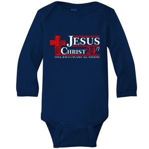 Jesus Christ 2024 24/7 Only Jesus Can Save All Nations Christian Catholic Cross Baby Long Sleeve Bodysuit