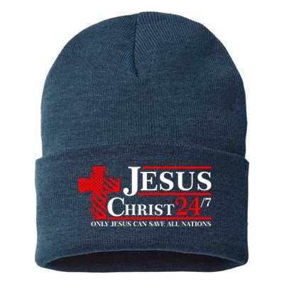 Jesus Christ 2024 24/7 Only Jesus Can Save All Nations Christian Catholic Cross Sustainable Knit Beanie