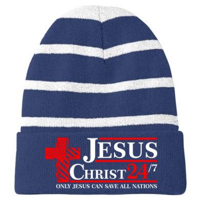 Jesus Christ 2024 24/7 Only Jesus Can Save All Nations Christian Catholic Cross Striped Beanie with Solid Band