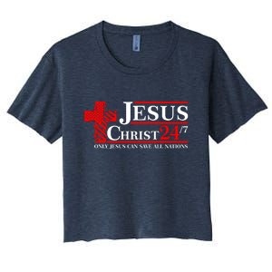 Jesus Christ 2024 24/7 Only Jesus Can Save All Nations Christian Catholic Cross Women's Crop Top Tee