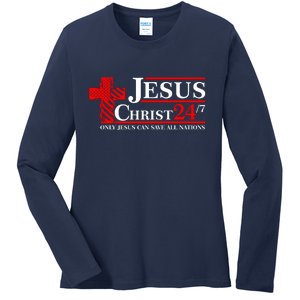 Jesus Christ 2024 24/7 Only Jesus Can Save All Nations Christian Catholic Cross Ladies Long Sleeve Shirt