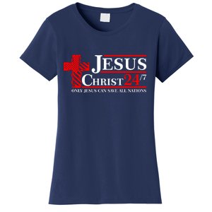 Jesus Christ 2024 24/7 Only Jesus Can Save All Nations Christian Catholic Cross Women's T-Shirt