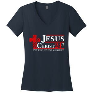 Jesus Christ 2024 24/7 Only Jesus Can Save All Nations Christian Catholic Cross Women's V-Neck T-Shirt