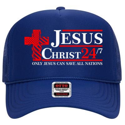 Jesus Christ 2024 24/7 Only Jesus Can Save All Nations Christian Catholic Cross High Crown Mesh Back Trucker Hat