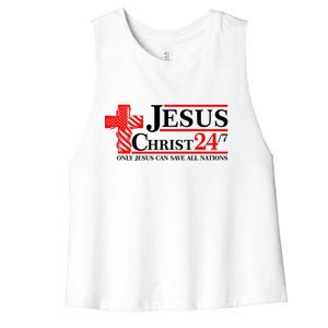 Jesus Christ 2024 24/7 Only Jesus Can Save All Nations Christian Catholic Cross Women's Racerback Cropped Tank