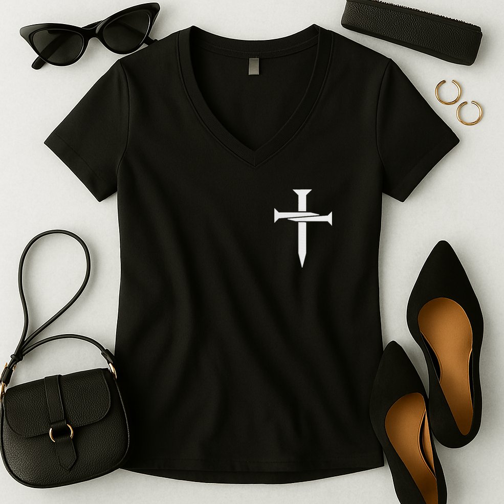 Jesus Christ 3 Nails Cross Christian Hope Faith Love Embroidered Embroidered Women's V-Neck T-Shirt