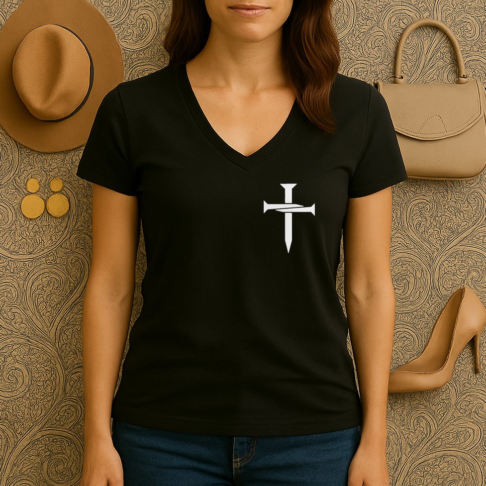 Jesus Christ 3 Nails Cross Christian Hope Faith Love Embroidered Embroidered Women's V-Neck T-Shirt