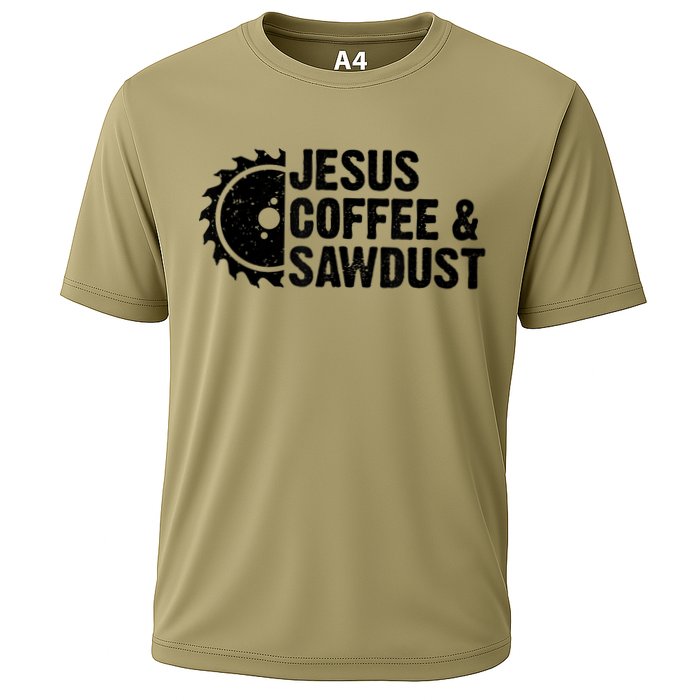 Jesus Coffee &Amp; Sawdust Christian Carpenter Woodworking Cooling Performance Crew T-Shirt