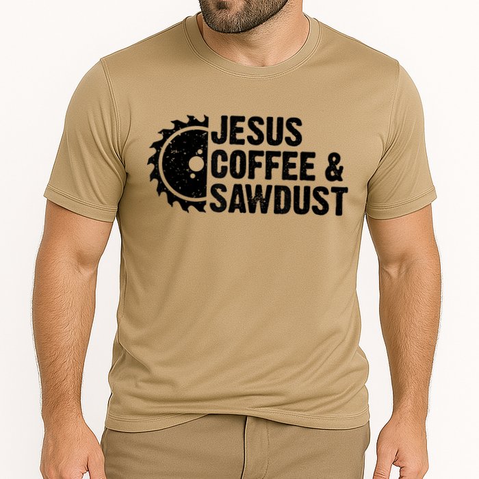 Jesus Coffee &Amp; Sawdust Christian Carpenter Woodworking Cooling Performance Crew T-Shirt