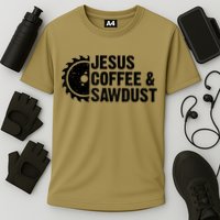 Jesus Coffee &Amp; Sawdust Christian Carpenter Woodworking Cooling Performance Crew T-Shirt