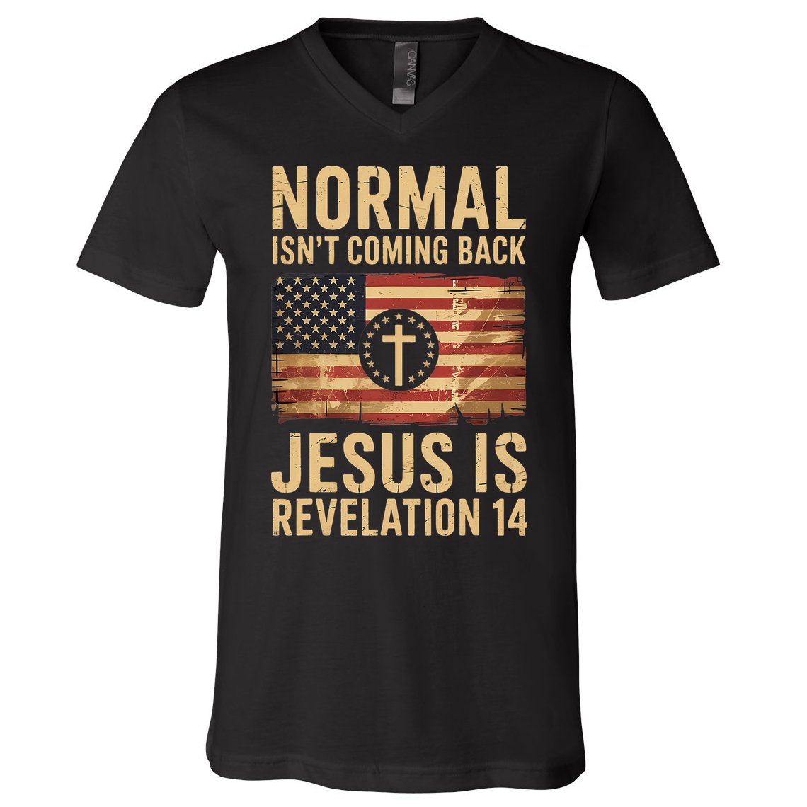 Jesus Christian American Flag Revelation 14 USA V-Neck T-Shirt