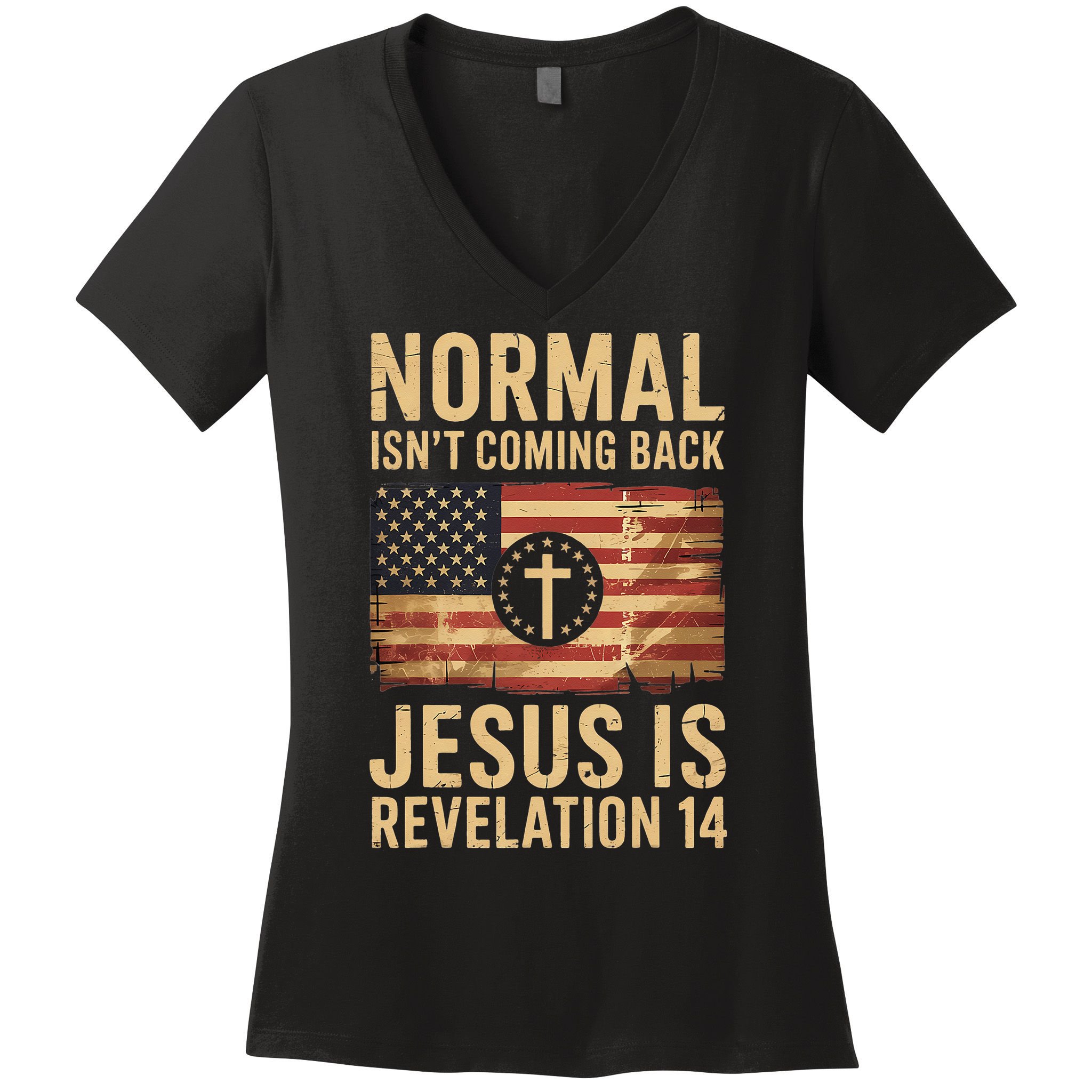 Jesus Christian American Flag Revelation 14 USA Women's V-Neck T-Shirt