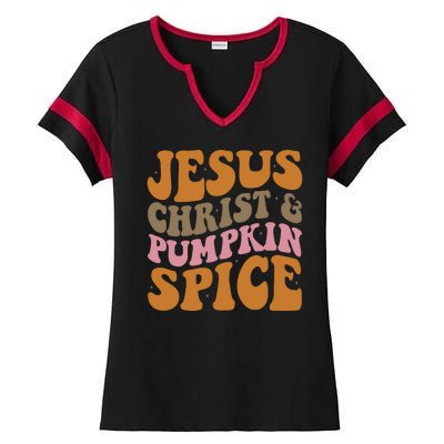 Jesus Christ And Pumpkin Spice Retro Groovy Christianity Ladies Halftime Notch Neck Tee