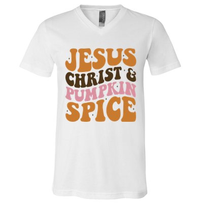 Jesus Christ And Pumpkin Spice Retro Groovy Christianity V-Neck T-Shirt