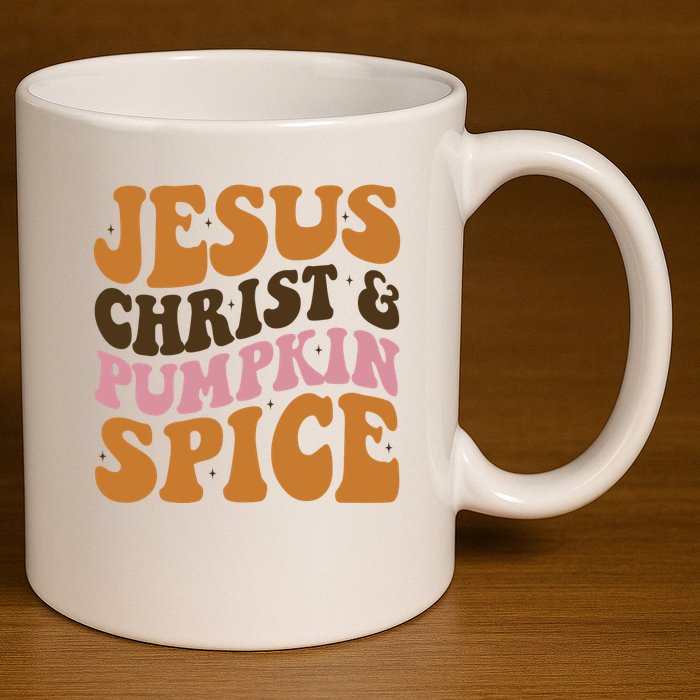 Jesus Christ And Pumpkin Spice Retro Groovy Christianity 11oz C Handle Ceramic Mug