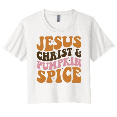 Jesus Christ And Pumpkin Spice Retro Groovy Christianity Women's Crop Top Tee