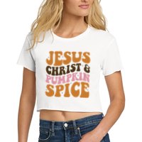 Jesus Christ And Pumpkin Spice Retro Groovy Christianity Women's Crop Top Tee