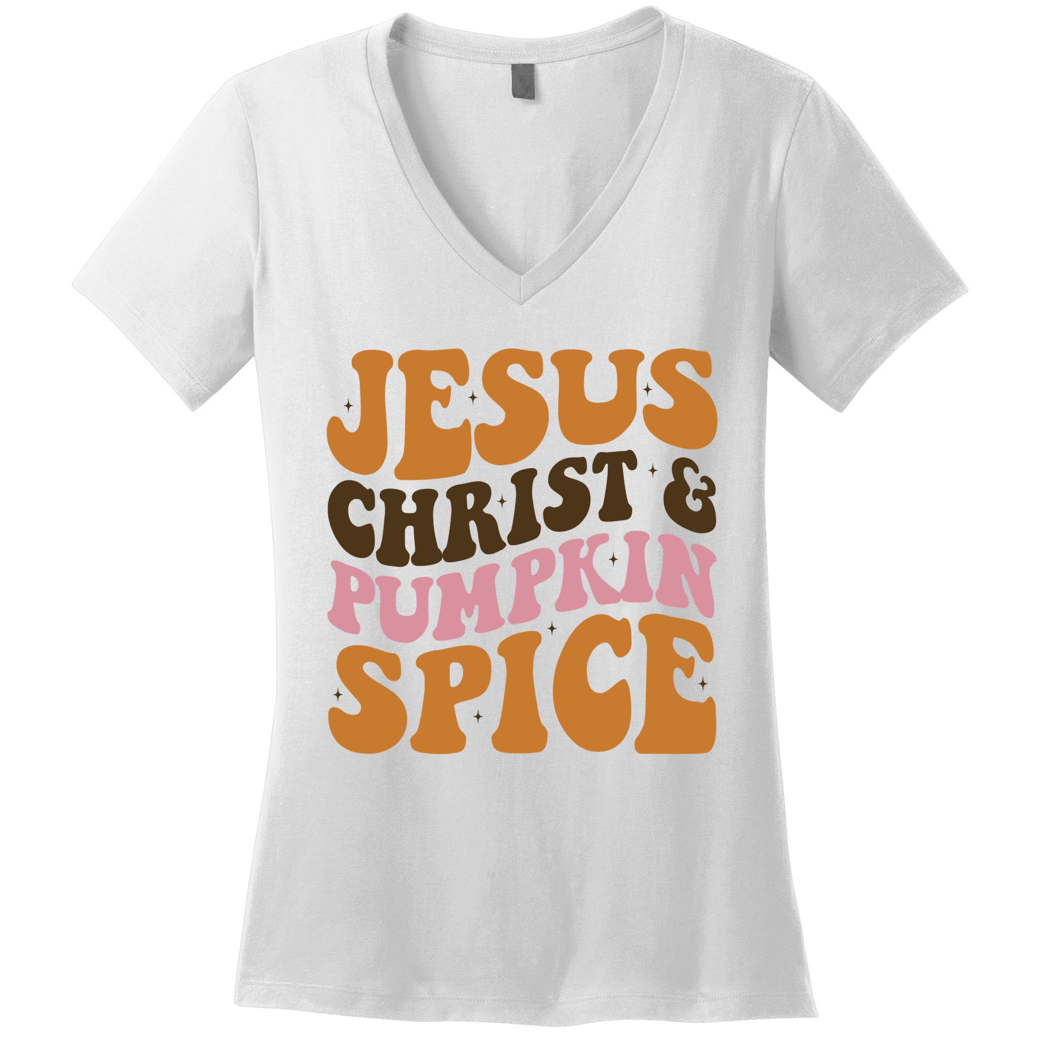 Jesus Christ And Pumpkin Spice Retro Groovy Christianity Women's V-Neck T-Shirt