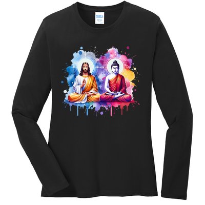 Jesus Christ And Buddha Meditating Ladies Long Sleeve Shirt