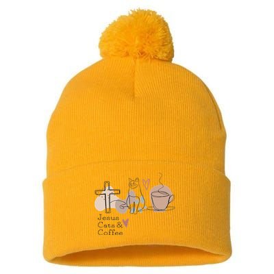 Jesus Cats And Coffee Minimalist Design Pom Pom 12in Knit Beanie
